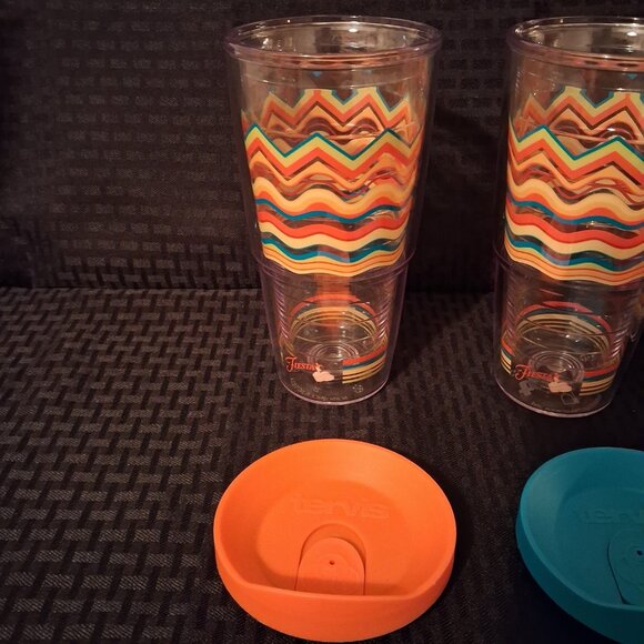 Fiestaware Striped Tumbler Glasses 24oz Red Yellow Green Turquoise w/ Lids Set 3 - Picture 3 of 9